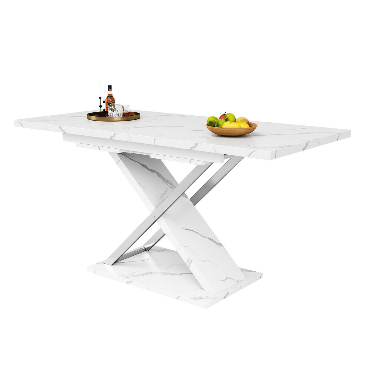 ESSTISCH 118-157x75x76 cm in Weiß aus MDF mit Marmoroptik auf Kreuzgestell ausziehbar - Weiß, Holzwerkstoff (157/75/76.4cm) - Modfu