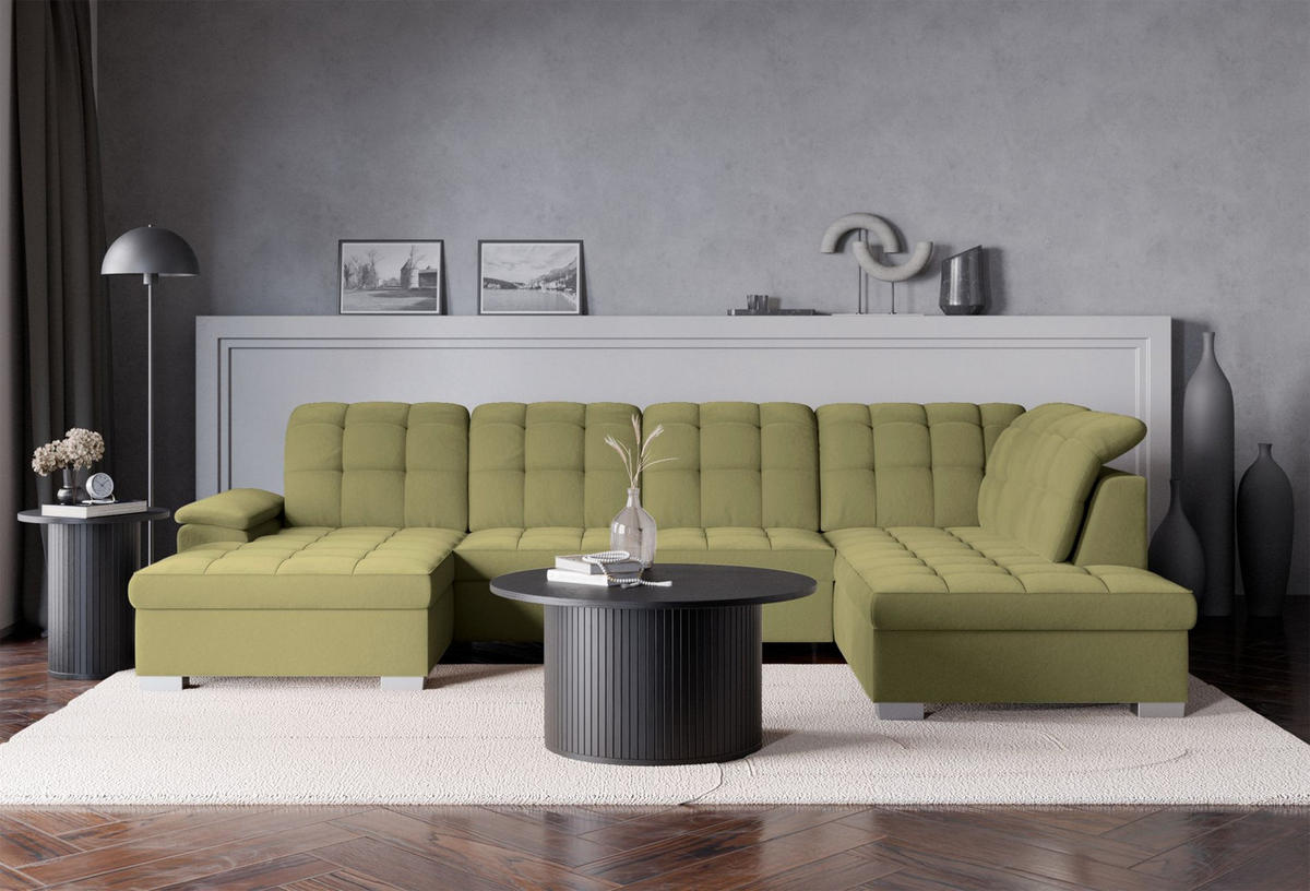 WOHNLANDSCHAFT Jamaal Olivgrün Velours linksseitig - Schwarz/Olivgrün, Textil (330/106/212cm) - Selsey