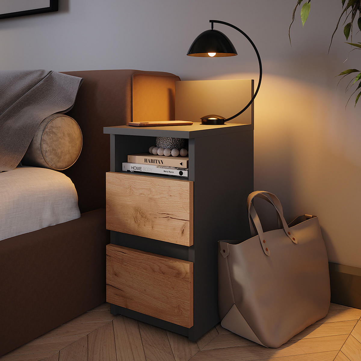 NACHTTISCH Monty Anthrazit/Goldkraft Eiche 25 x 59.1 cm mit 2 Schubladen - Honigeiche/Anthrazit, Holzwerkstoff (25/59.1/32.3cm) - Vicco