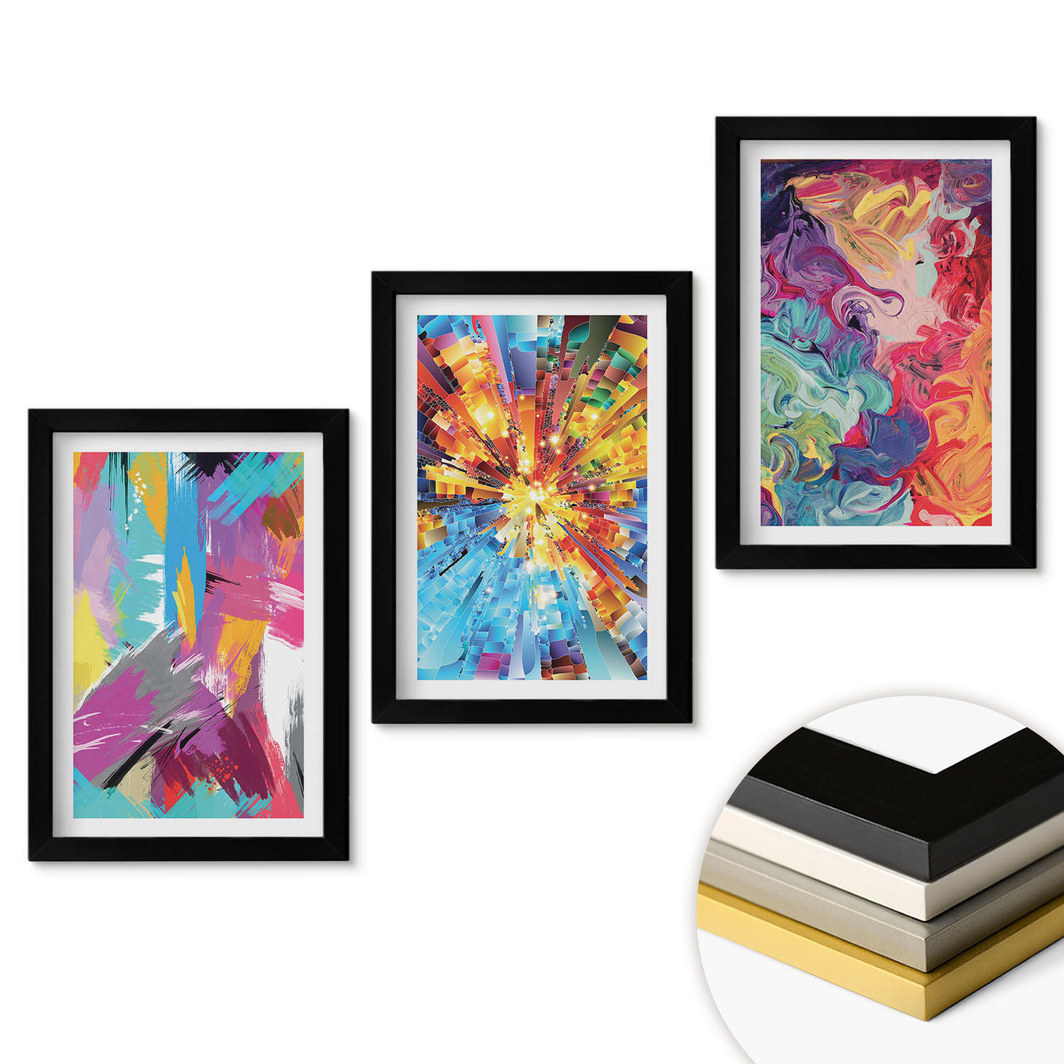 WANDBILDER 3er-Set - 20x30 cm Schwarzer Rahmen - Bunte abstrakte Farbmuster - Schwarz, Kunststoff (20/30cm) - ArtPrintCave