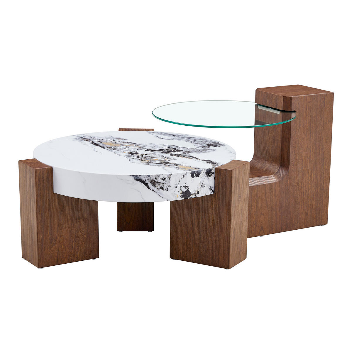 KONFERENČNÍ stolek / odkládací stolek, průměr 61/44 cm, MDF ořech/bílý mramor, sklo - ořechová, kompozitní dřevo (61/61/30cm) - BEAOK