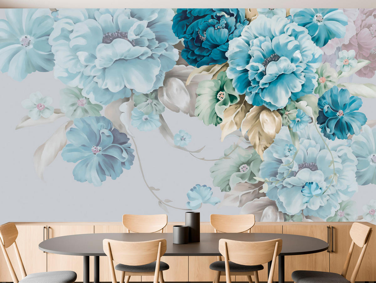 FOTOTAPETE für Schlafzimmer Blaue Pfingstrosen Zart Blumen Boho 450x315 - Blau/Gelb, Papier (450/315cm) - Muralo