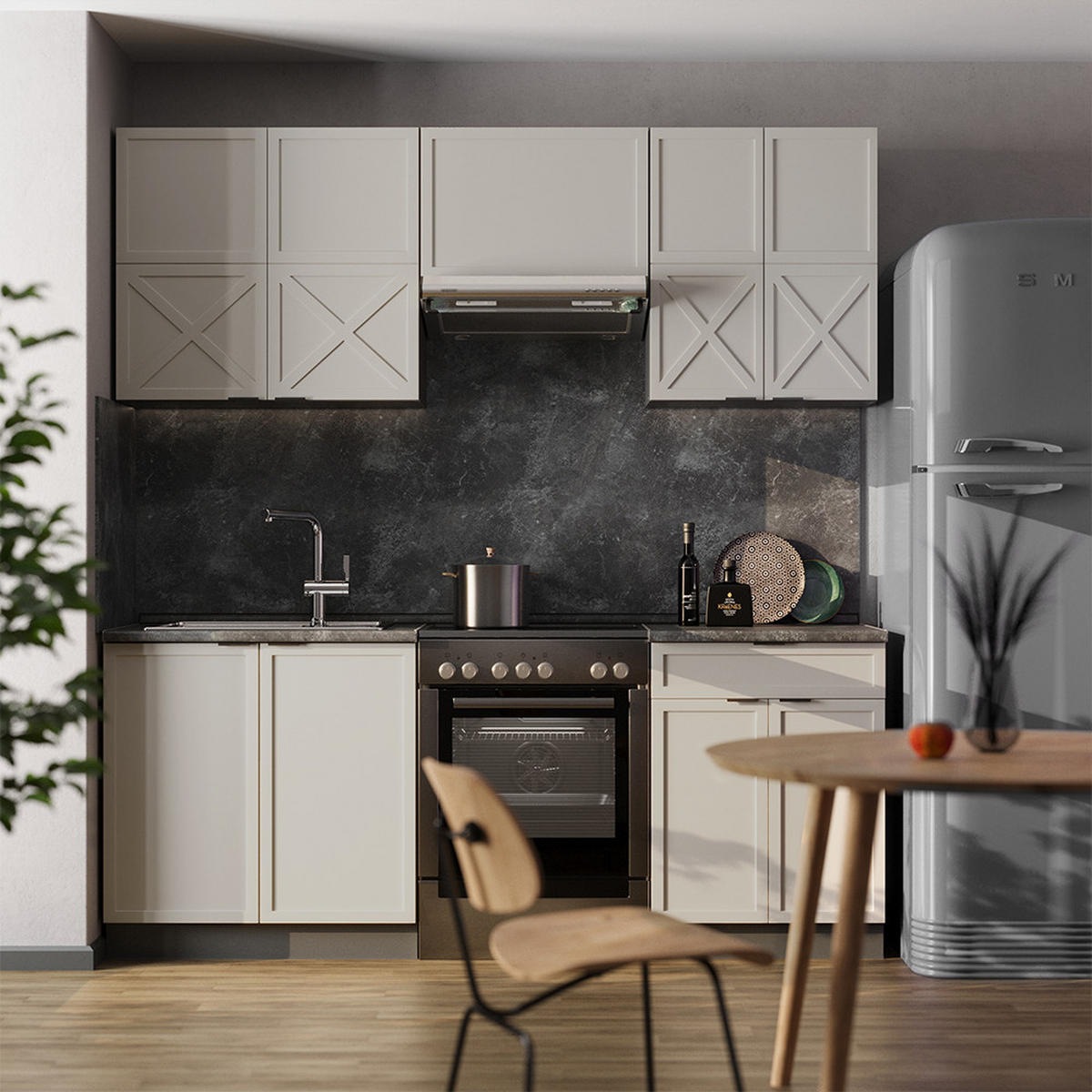KÜCHENZEILE Fame-Line GrauBeige/Anthrazit 200 cm, AP Marmor - Anthrazit/Grau, Holzwerkstoff (200/81.6/60cm) - Vicco