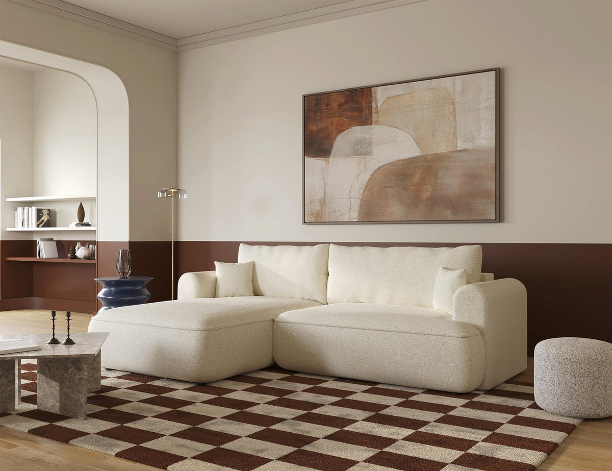 ECKSOFA Ovo Hellbeige Webstoff-Bezug - Ecru/Schwarz, Kunststoff/Textil (260/165cm) - Selsey