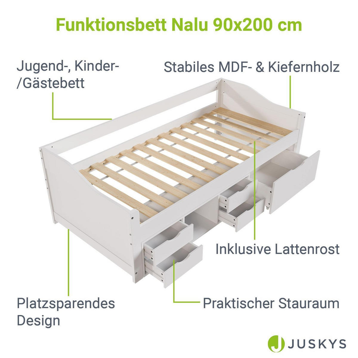 KINDER-FUNKTIONSBETT Nalu mit Matratze weiß 90x200 cm - Weiß, Holz (90/200cm) - Juskys