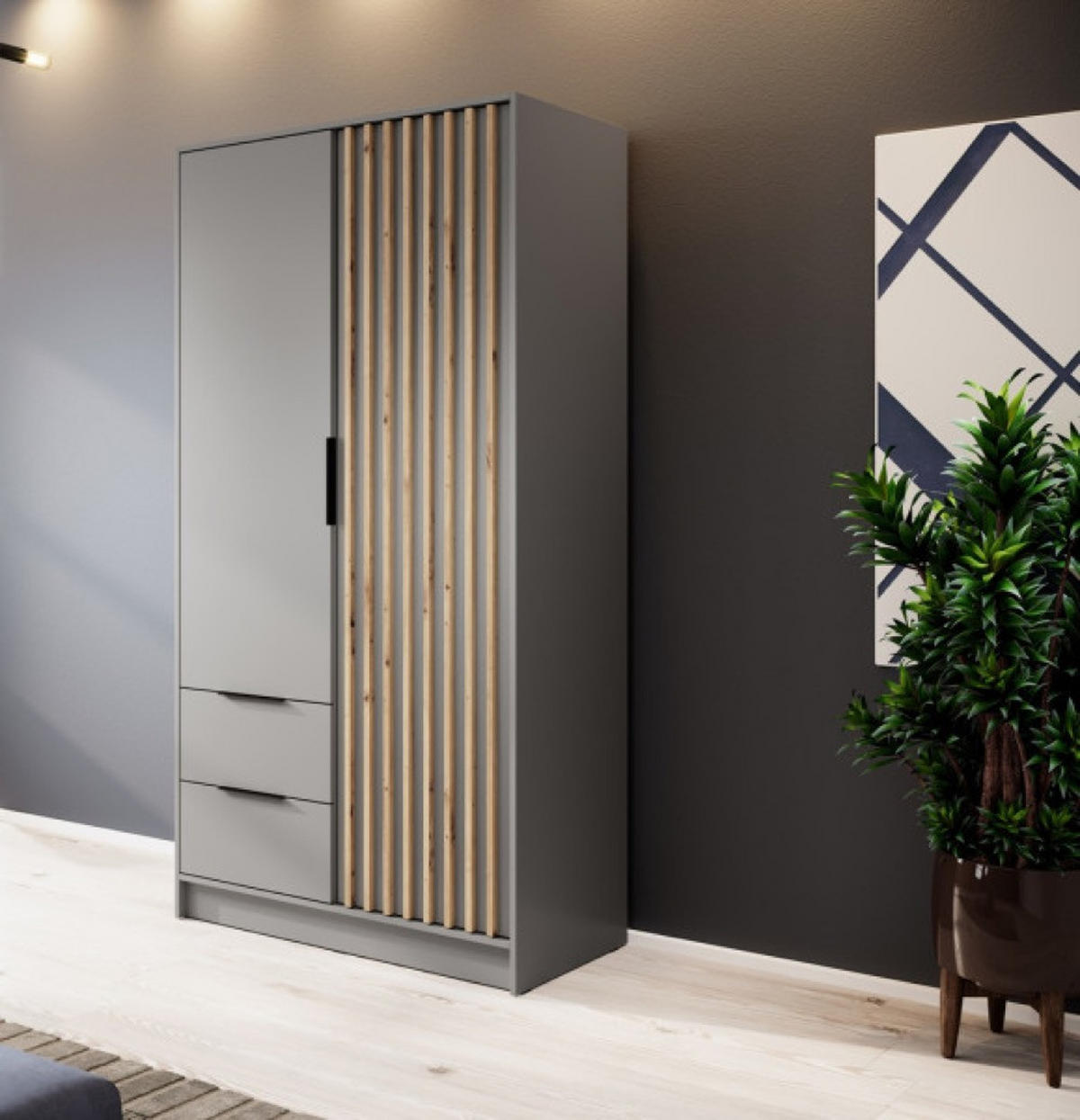 SCHRANK Grau KELLY Zweitürig Mit Lamellen 105 cm Mit Regalen - Grau, Holzwerkstoff (105/200/51cm) - Sepro Meble