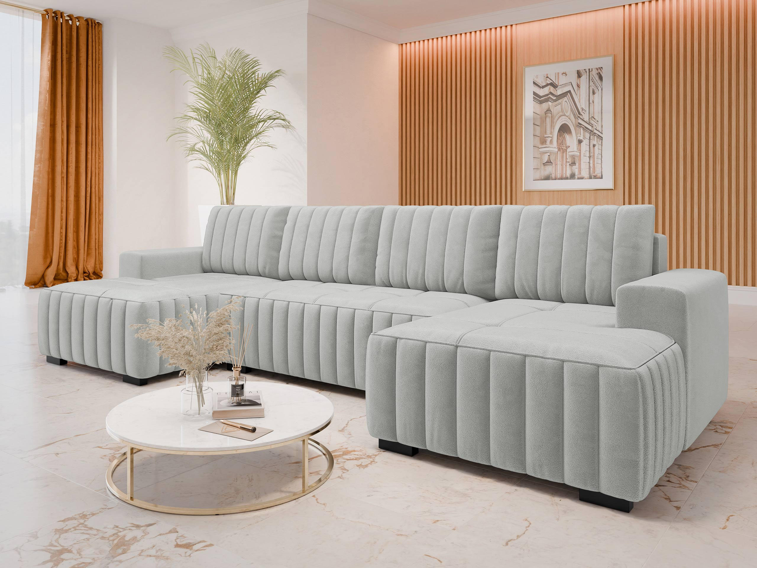 WOHNLANDSCHAFT Hugo U - Hellgrau/Braun, Holz/Textil (310/85/140cm) - MIRJAN24