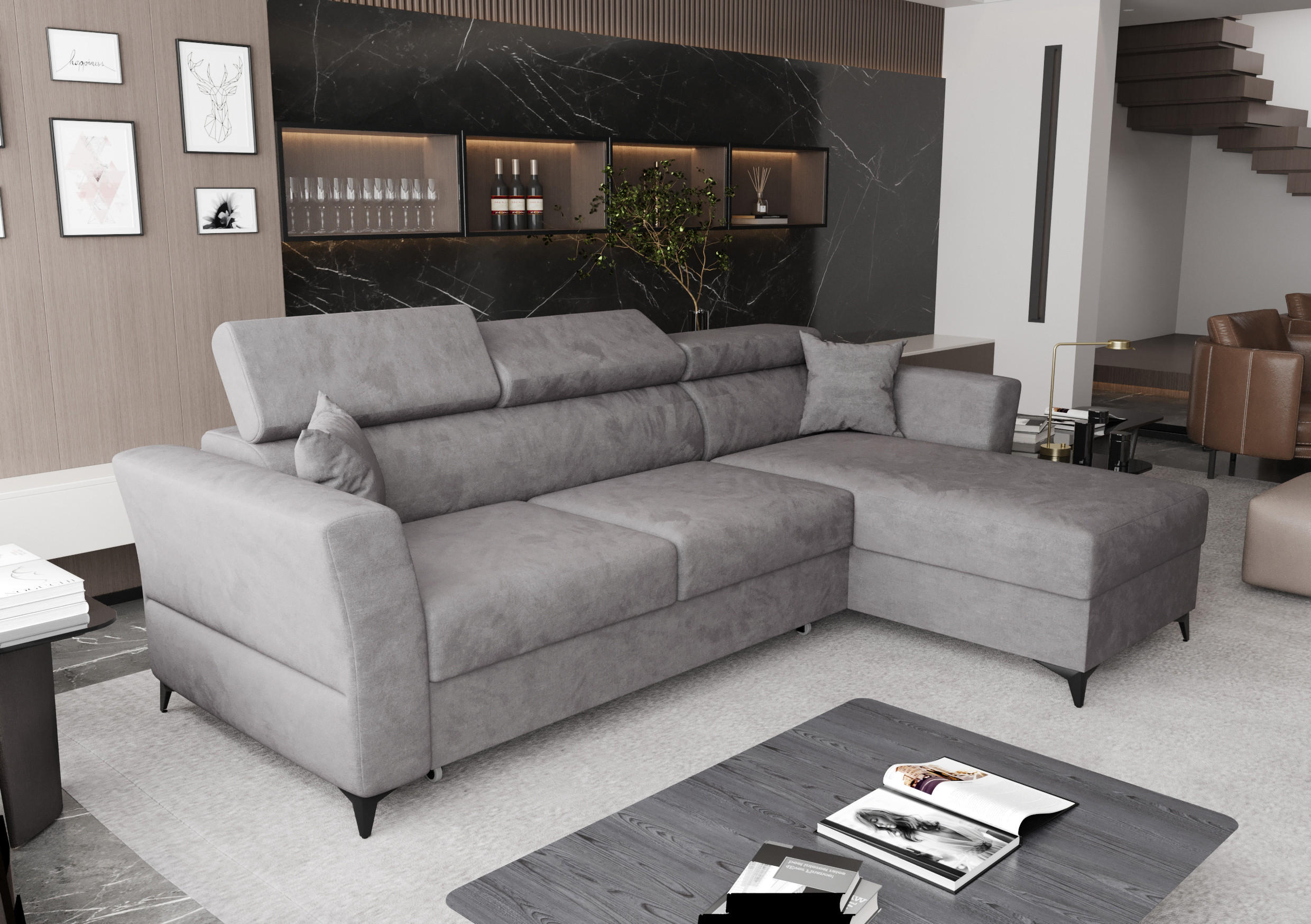 ECKSOFA L Form Ribella Grau 265/180/100 cm Rechts mit Schlaffunktion - Hellgrau/Schwarz, Textil/Metall (265/180cm) - AX Living