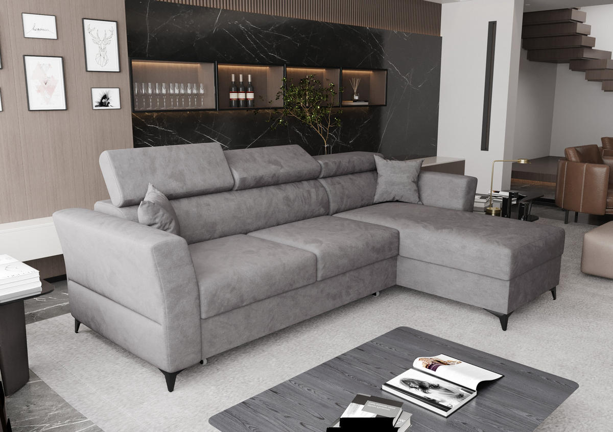 ECKSOFA L Form Ribella Grau 265/180/100 cm Rechts mit Schlaffunktion - Hellgrau/Schwarz, Textil/Metall (265/180cm) - AX Living