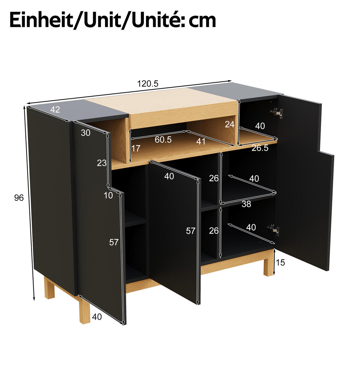 SIDEBOARD 120,5/42/96 cm aus Spanplatte mit 3 Türen und offenem Mittelfach Schwarz - Schwarz, Holzwerkstoff (120.5/96/42cm) - Modenvie
