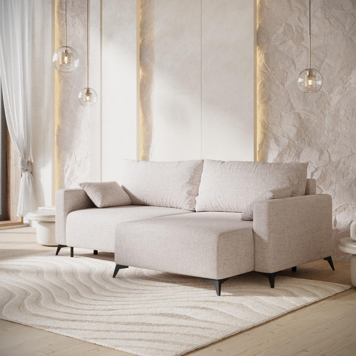 ROHOVÁ SEDAČKA NUVIO, textil, Písková - černá/písková barva, kov/dřevo (239/148cm) - AltaBeds