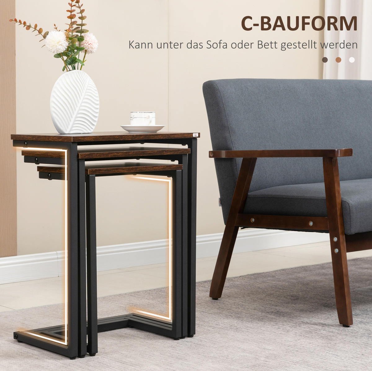 SATZTISCHE 45/30/60 cm im 3er-Set, verschachtelbar mit Holzplatte und Stahlgestell, Braun - Braun, Holzwerkstoff (30/45/60cm) - Redom