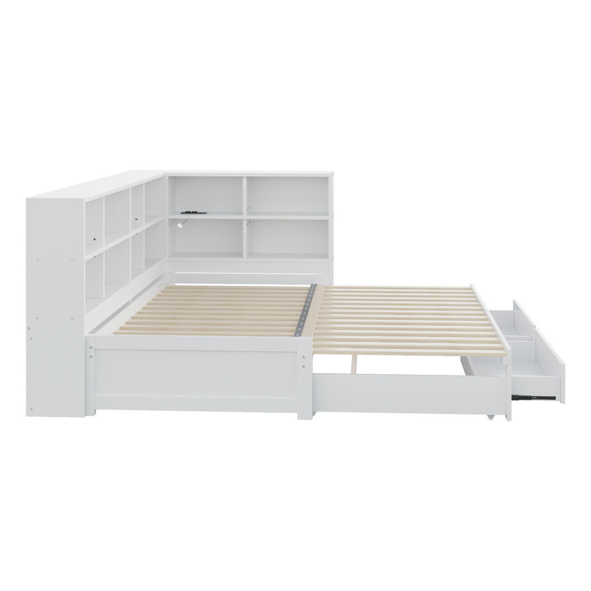 MULTIFUNKTIONSBETT 90/190 cm weiß aus Holz mit Ausziehbett Stauraum Steckdose - Weiß, Holzwerkstoff (90/190cm) - OKWISH