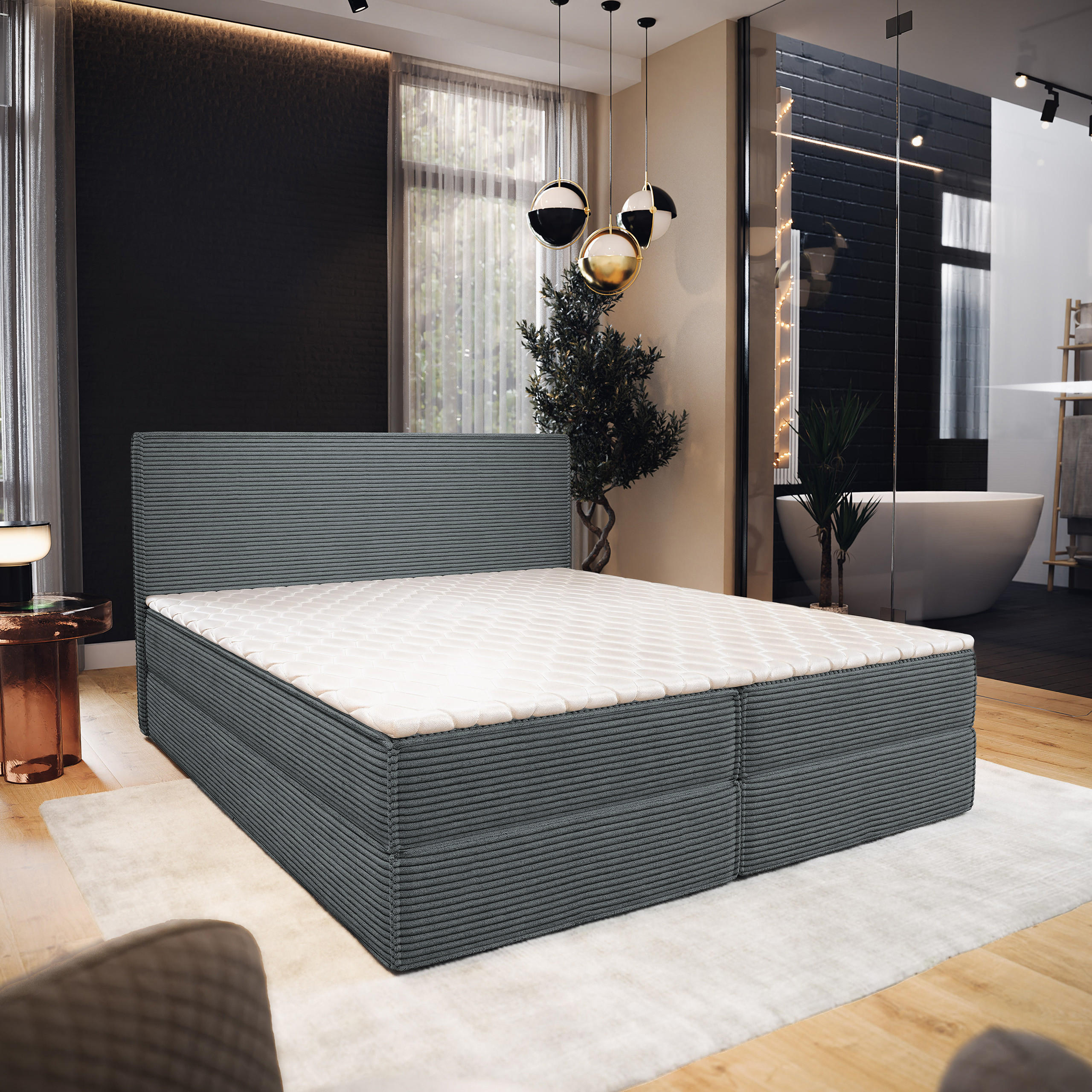 BOXBETT PELLIO 180x200 cm mit Matratze und Topper - Grau - Grau, Holz (180/200cm) - MASSENO
