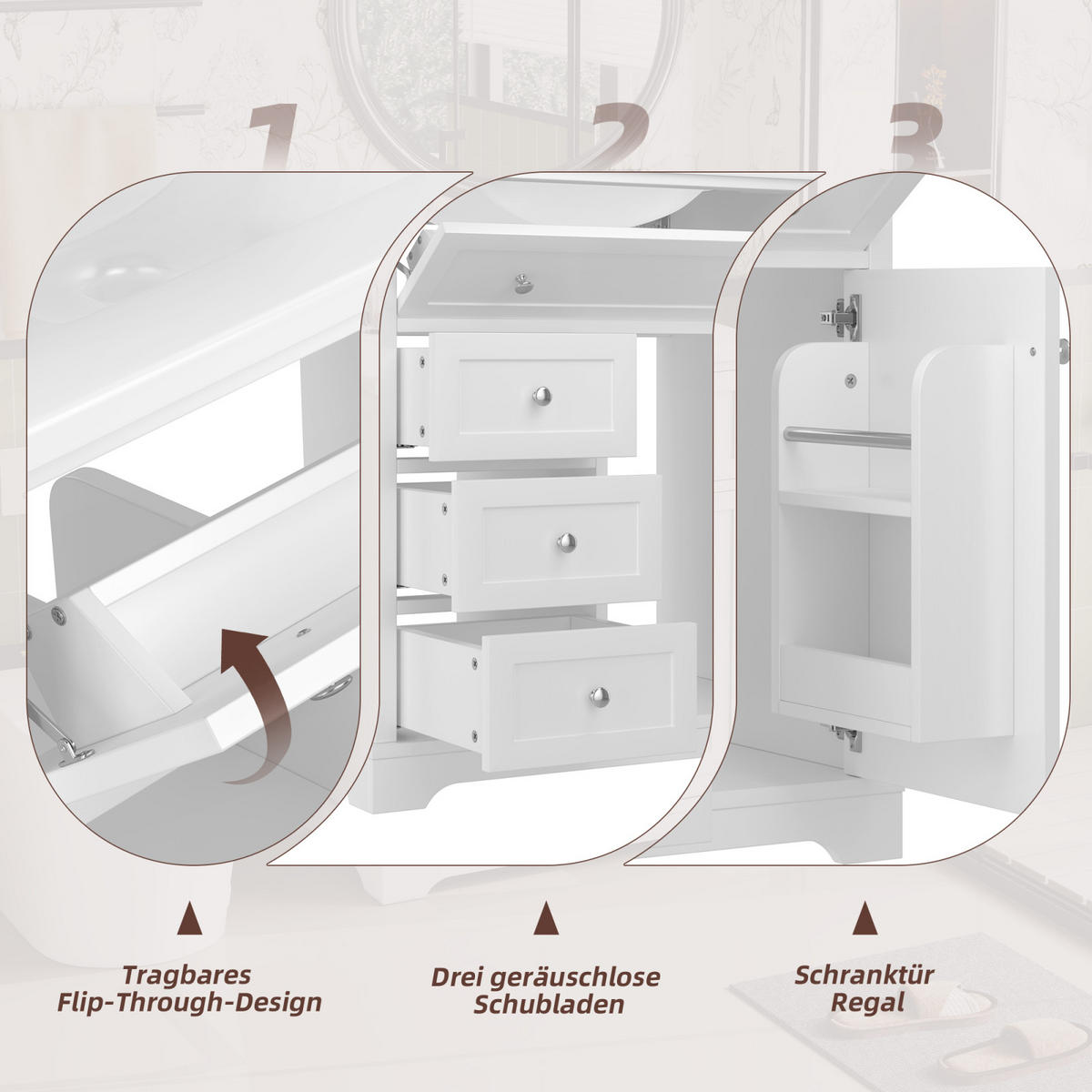 WASCHTISCH,BADEZIMMERMÖBEL mit Keramikbecken Weiß 4 Schubladen - Weiß, Holz/Metall (76/87/46cm) - PARAFTA HOME