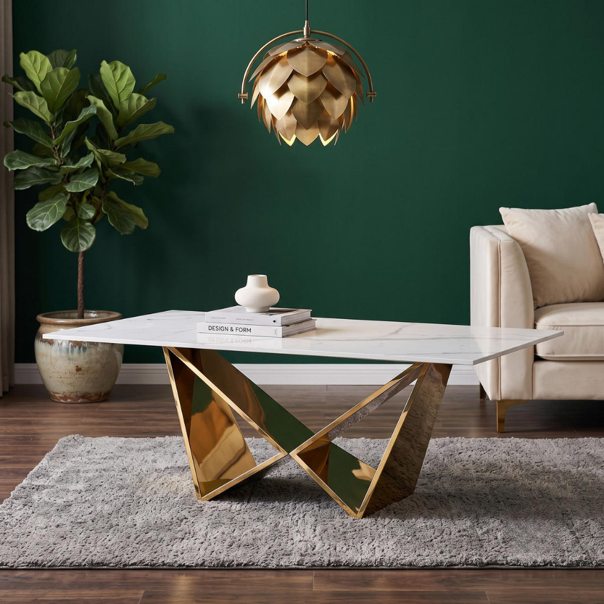 DESIGN-COUCHTISCH CENTO Rechteckiger Wohnzimmertisch in Marmor-Optik mit geometrischem Edelstahl-Gestell (130 x 70 cm) - Goldfarben/Weiß, Metall (70/130/42cm) - alesvelt