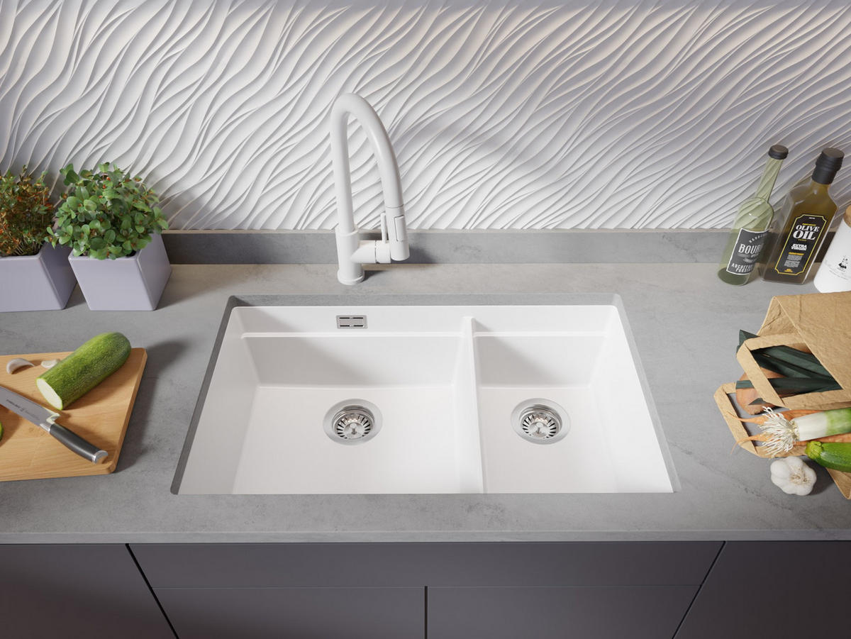 SPÜLBECKEN Praga Slim Duo, 2-er set Weiß 76/47 cm 2 Becken + Ablauf-Set + Aufrollbare Abtropffläche ab 80er Unterschrank - Chromfarben/Weiß, Kunststoff (76/20/47cm) - Primagran