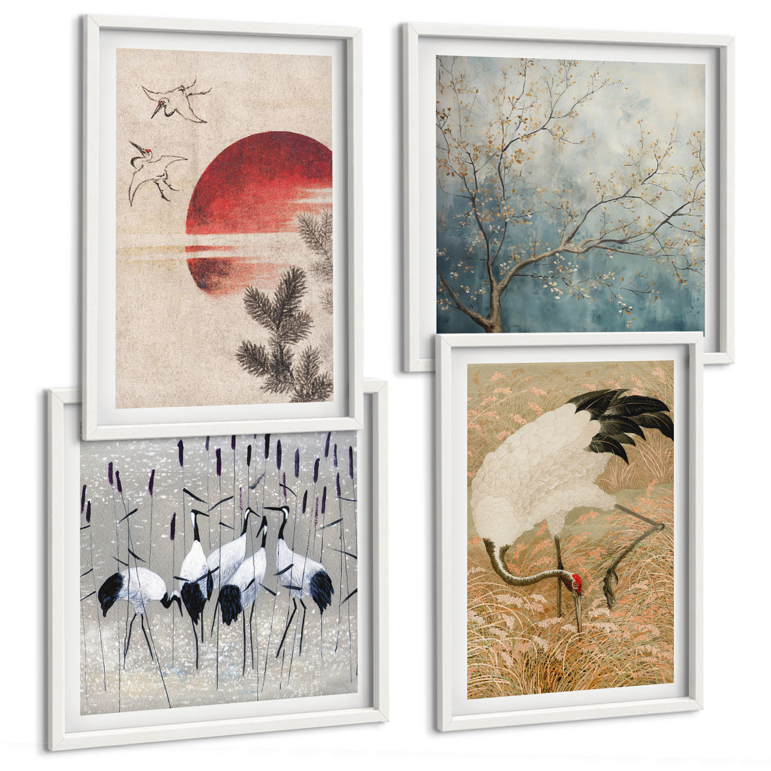 BILDER SET 4er Set - 50x50 cm & 40x60 cm Weißer Rahmen - Japanische Kraniche Landschaft - Weiß, Kunststoff (50/50cm) - TULUP