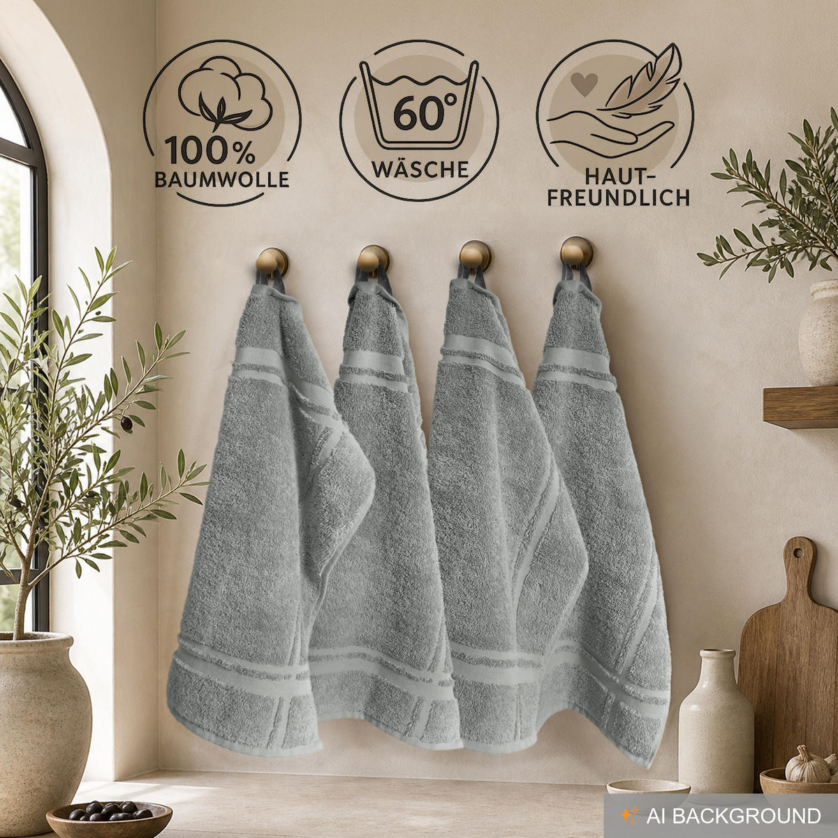FROTTEE Küchenhandtücher 50x50 cm, 4er Set, Stein Grau - Grau, Textil (50/50cm) - Lashuma