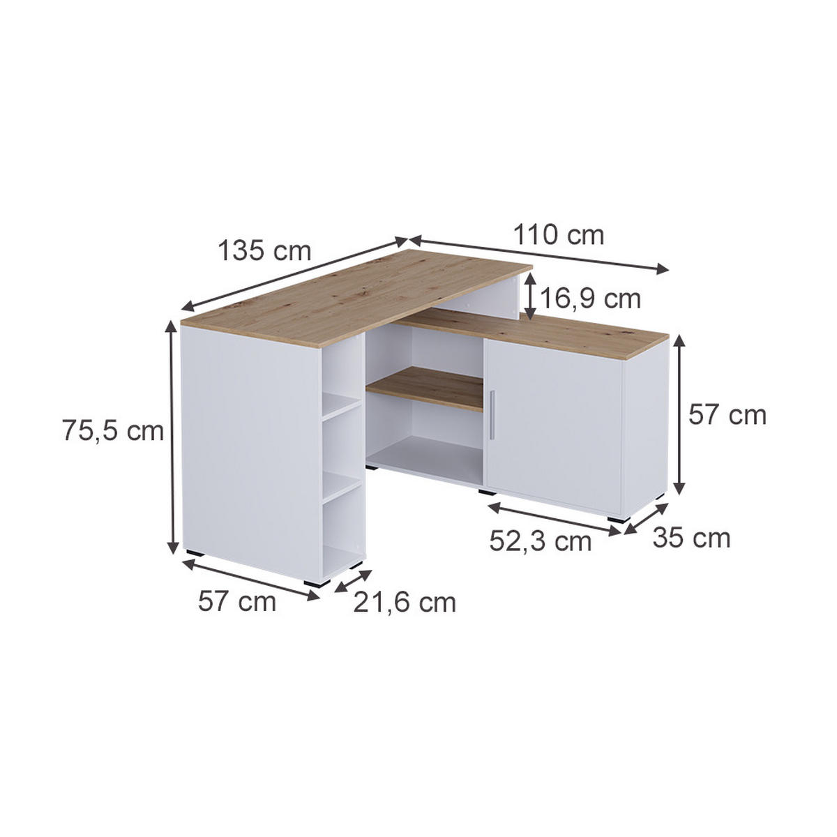 ROHOVÝ PSACÍ STŮL Rudy Bílá/Artisan - bílá, kompozitní dřevo (110/135/75.5cm) - Vicco
