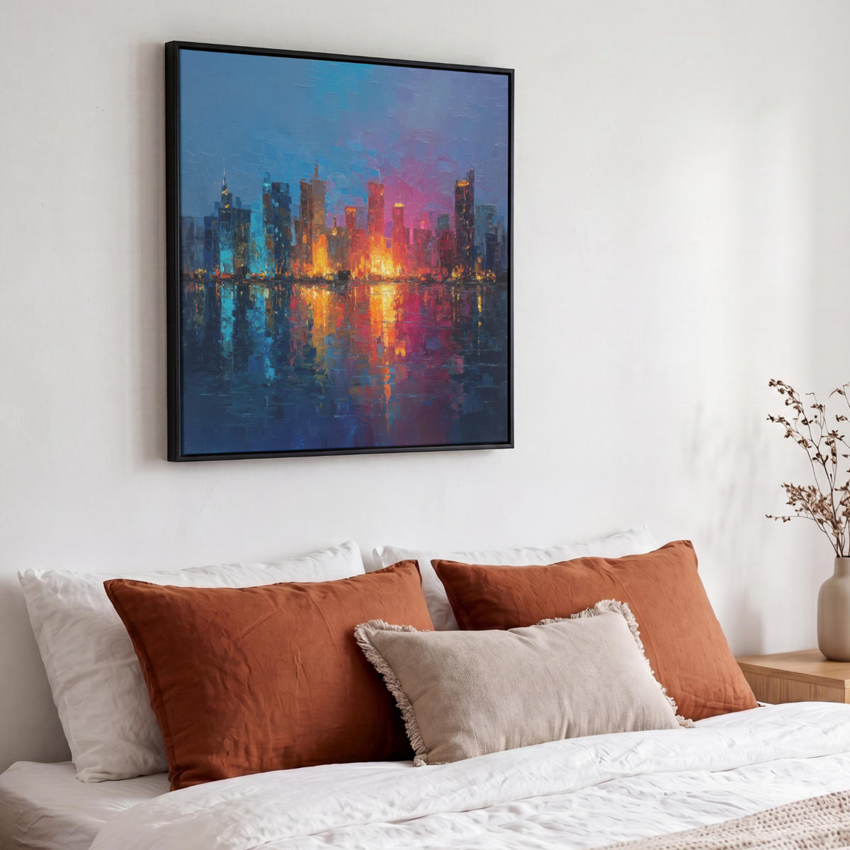 LEINWAND Bilder mit Rahmen - Skyline - Pinselstriche - Dunkelblau - Leuchtend - 50x50 - Blau, Textil (50/50cm) - MuchoWow