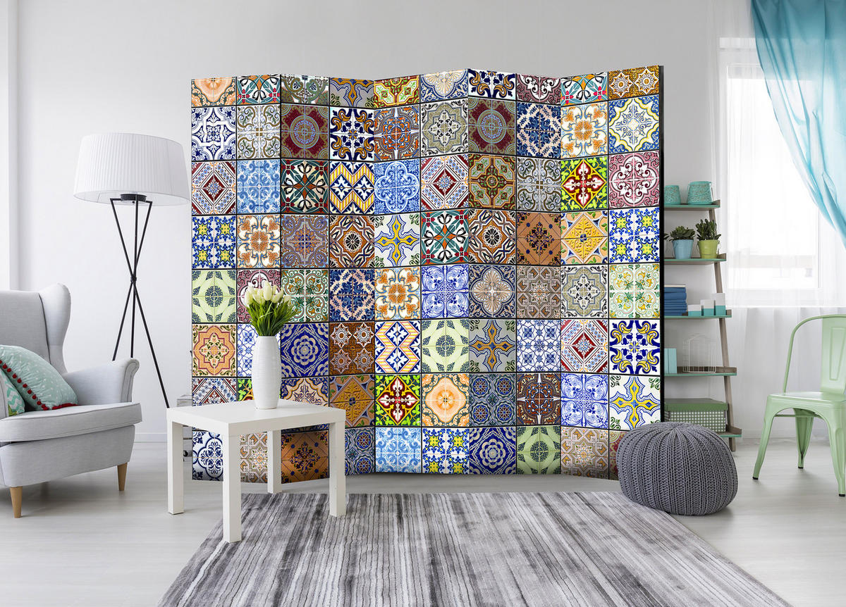 PARAVENT Einseitig Bedruckter 5-tlg 225x172 cm Mosaik Formen - Multicolor, Holz/Textil (225/172/3cm) - Muralo