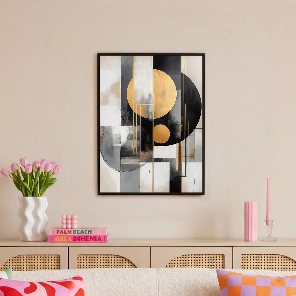 LEINWAND Bilder mit Rahmen - Abstrakt - Gold - Silber - Formen - Ästhetisch - Modern - 60x80 - Goldfarben, Textil (60/80cm) - MuchoWow
