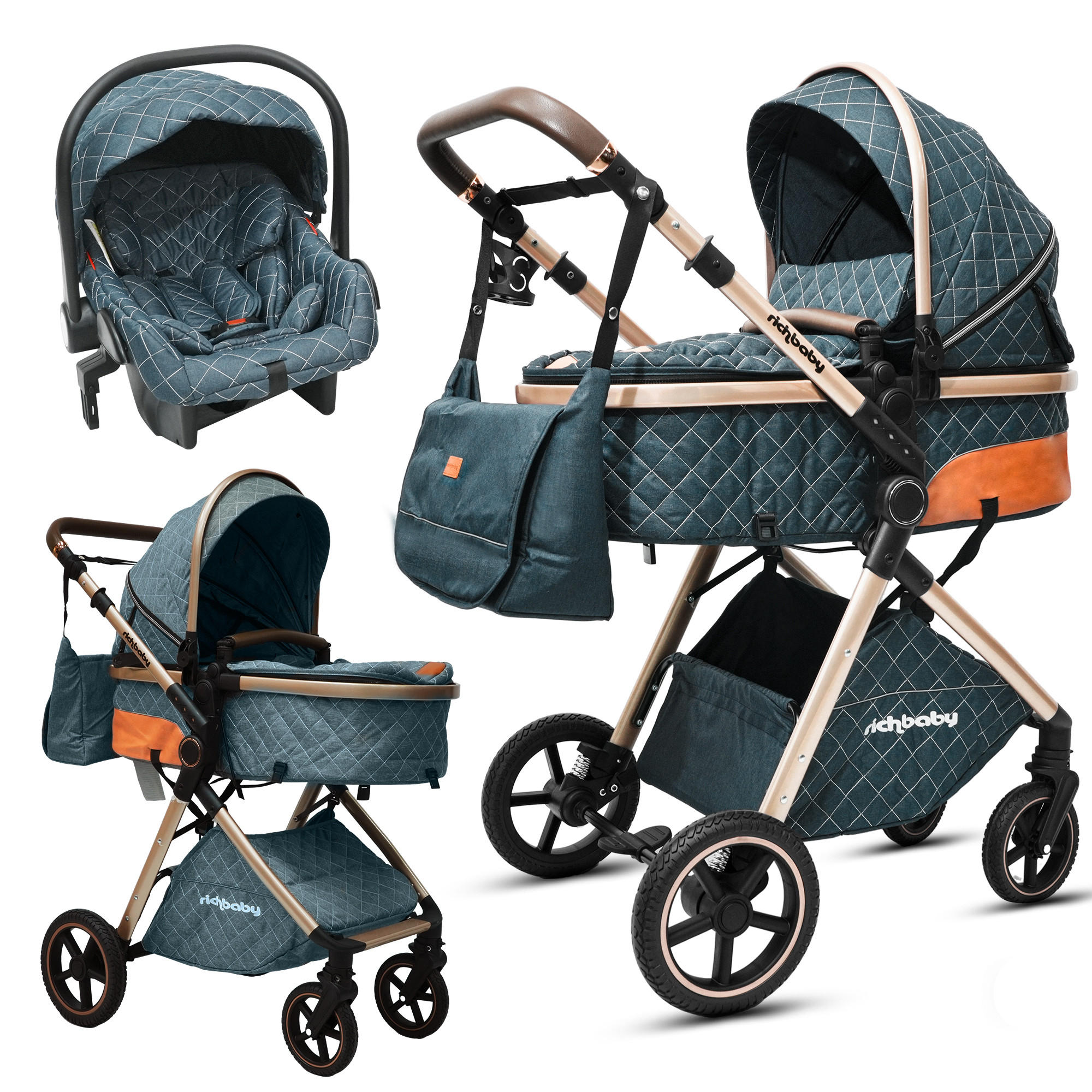 BUGGY Kombikinderwagen 2-in-1 mit wendbarer Sitzeinheit und All-Terrain-Federung - Blau, Metall (80/62/106cm) - Raelunyi