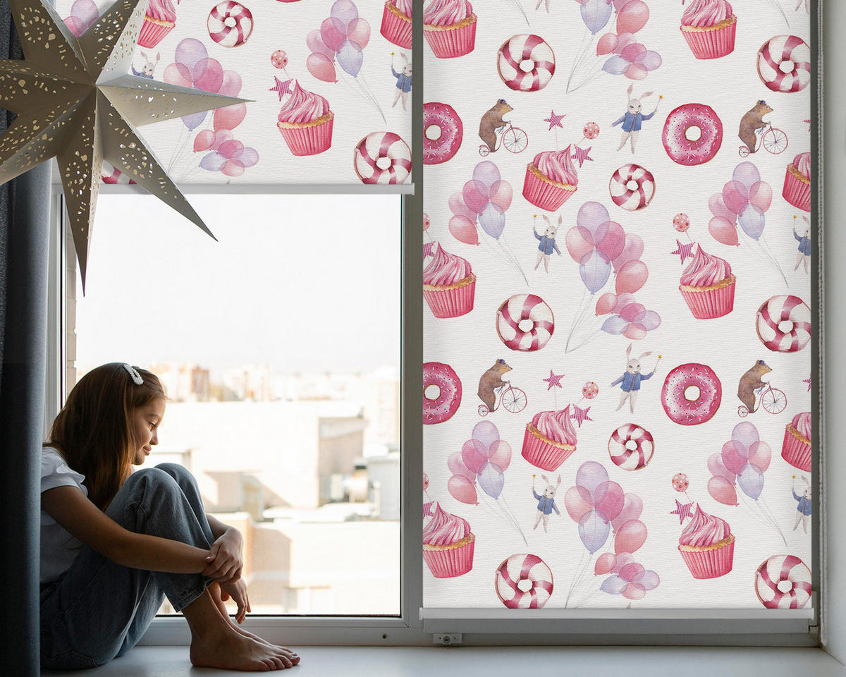 VNÚTORNÁ roleta - okenná roleta - roleta - 150x180 cm - Ružové balóny, šišky a králiky - pink, plast (150/180/0.5cm) - TULUP