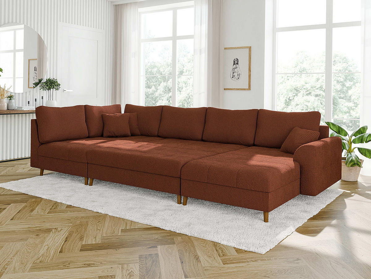 WOHNLANDSCHAFT inkl. Hocker Alma Terrakotta Cord - Terra cotta/Braun, Holz/Textil (310/81/161cm) - S-Style Möbel