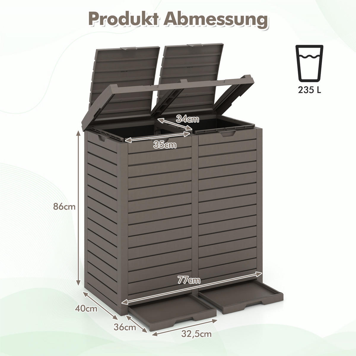 MÜLLEIMER 235 L mit Doppeldeckel braun - Braun, Kunststoff (77/86/40cm) - COSTWAY
