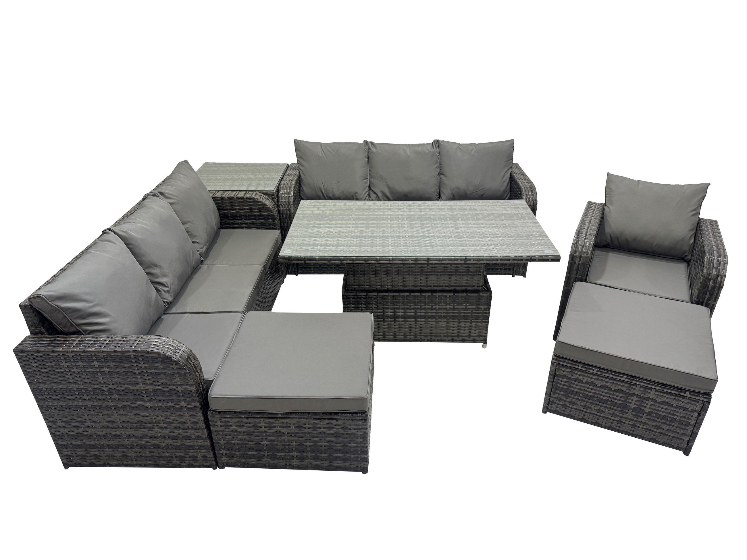 GARTENMÖBELSET mit Höhenverstellbarer Esstisch 2 Hocker 9-Sitzer Grau - Dunkelgrau/Grau, Glas/Kunststoff - Fimous