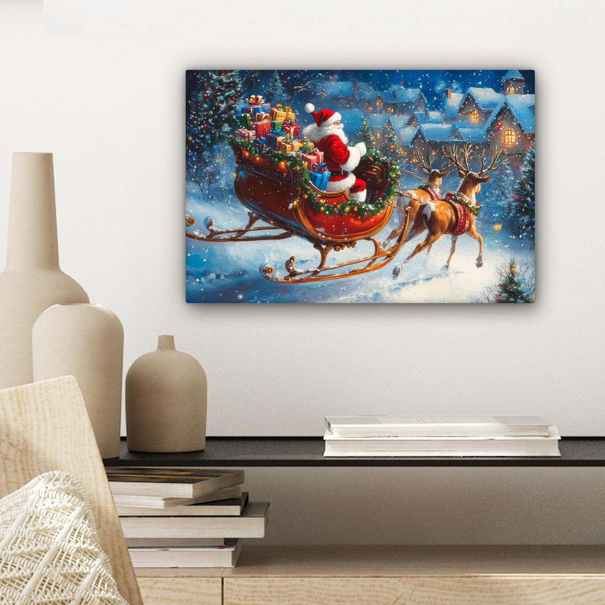 LEINWANDBILD Weihnachtsmann - Rentier - Weihnachten - Schnee Deko Schlafzimmer 30x20 cm - Cognac, Textil (30/20cm) - MuchoWow