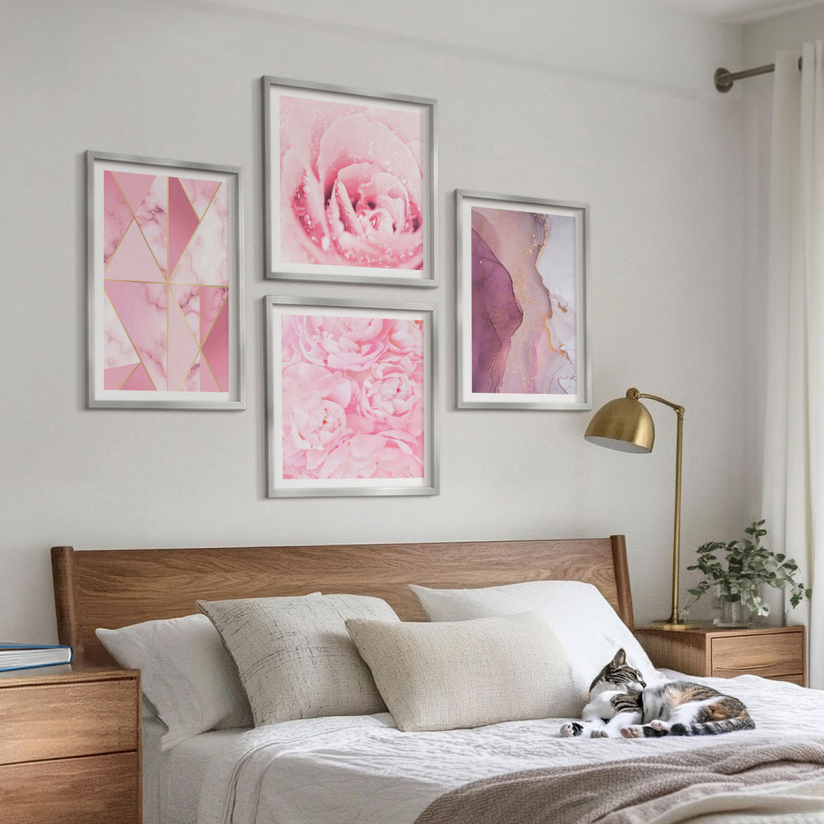 WANDBILDER 4er Set - 50x50 cm & 40x60 cm Silberner Rahmen - Rosa geometrische Pfingstrosen - Silberfarben, Kunststoff (50/50cm) - ArtPrintCave