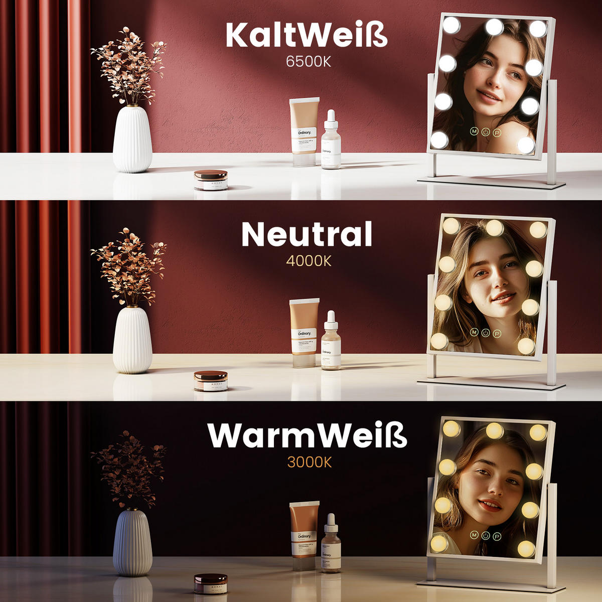 KOSMETIKSPIEGEL Rechteckiger mit Beleuchtung, Weiß, 30/25 cm - Weiß, Glas (25/8.5/30cm) - EMKE