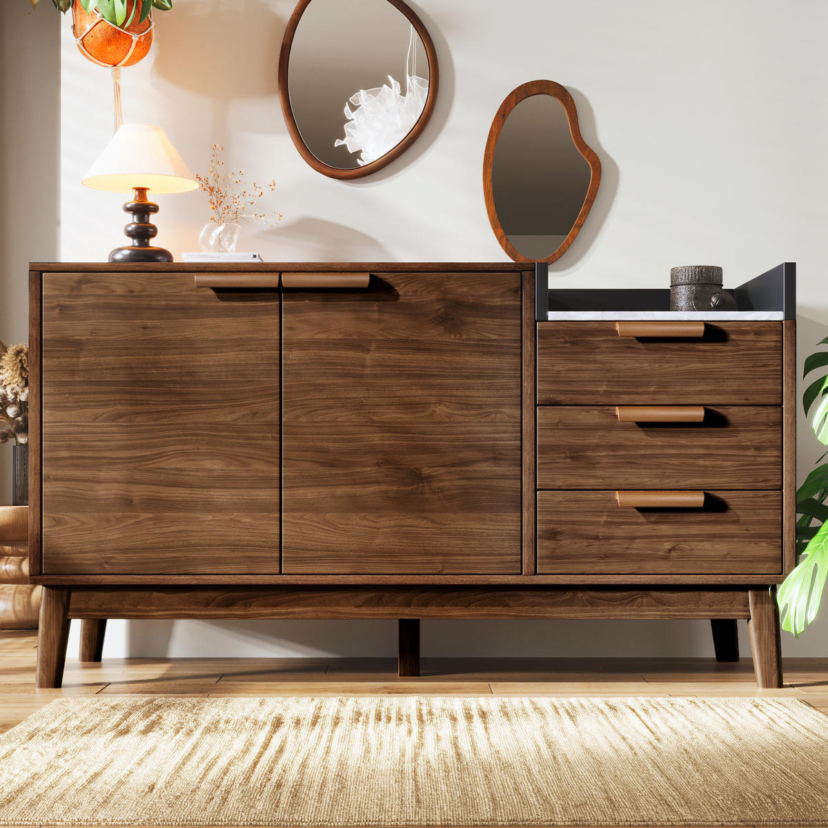 SIDEBOARD Holzoptik Braun, mit 2 Türen, 3 Schubladen und offenem Ablagefach, 120/40/77 cm - Nussbaumfarben, Holzwerkstoff (120/77/40cm) - WISHDOR