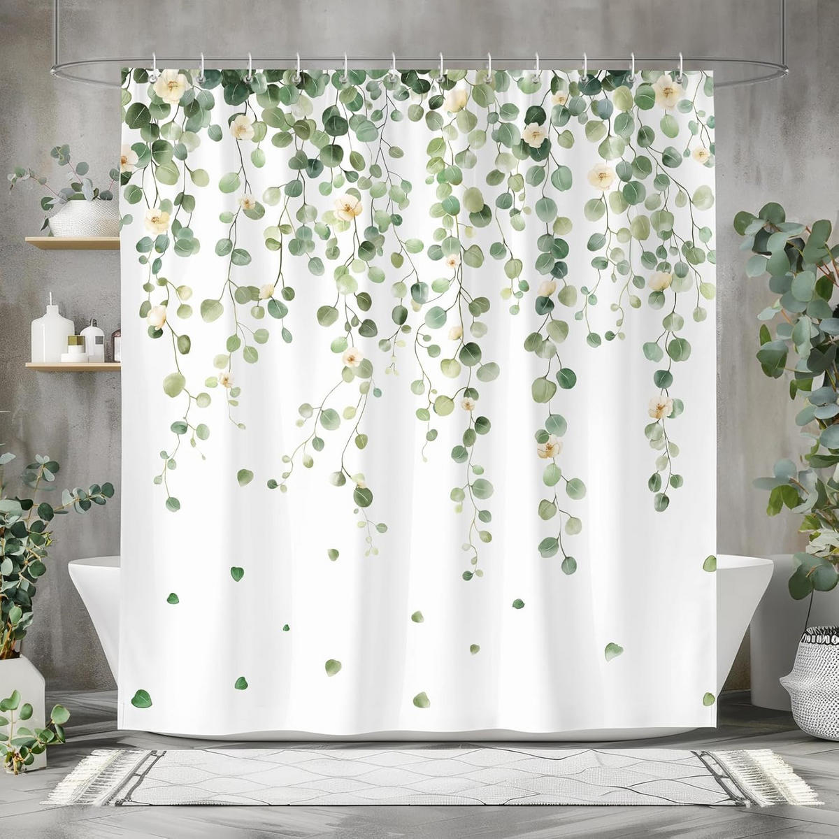 DUSCHVORHANG Grün Eukalyptus Polyester wasserdicht schimmelresistent waschbar mit Haken - Grün, Textil (180/180cm) - MCBOSON