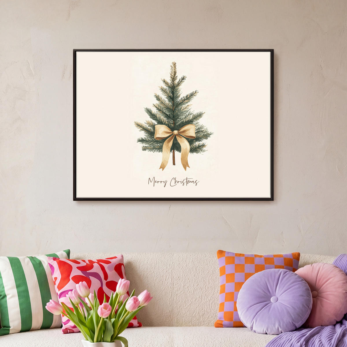 LEINWAND Bilder mit Rahmen - Weihnachtsbaum - Weihnachten - Frohe Weihnachten - Beige - 80x60 - Sandfarben, Textil (80/60cm) - MuchoWow