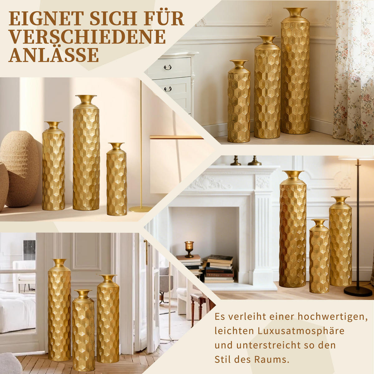 BODENVASE 3-tlg Bodenvase Gold 50/65/85cm Metallvase Wabenmuster Dekovase Groß - Goldfarben, Metall (92.02cm) - Raelunyi