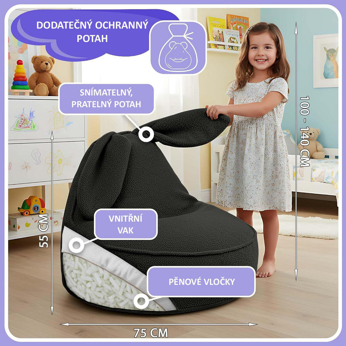 SITZSACK FÜR KINDER Hase 75/75/55 cm, weicher Bouclé 315 g/m², abnehmbarer Bezug, Cocoa Brown - Dunkelgrau, Textil (75/55/75cm) - Dreamroots