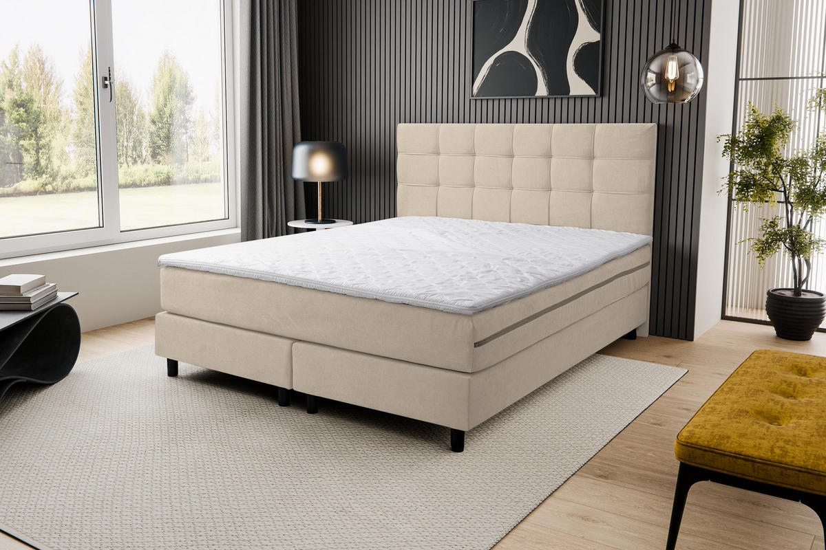 BOXSPRINGBETT BOSS, Polsterbett Maße: 140x200 cm, Farbe: Beige, Velourstoff, Doppelbett mit Bonell-Matratze H3 inkl. Topper - Beige, Holz/Kunststoff (140/200cm) - VENASI MÖBEL