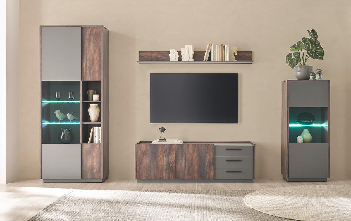 WOHNWAND Thermo Eiche, grau, Wohnkombination 4-teilig mit Soft-Close 352 x 200 cm - Eichefarben/Grau, Holzwerkstoff/Metall (352/200/45cm) - Furn.Design