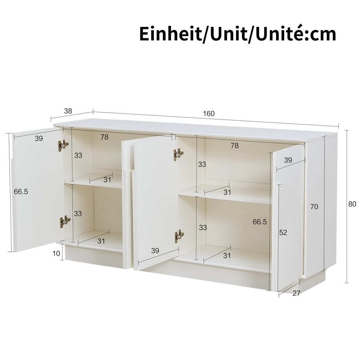 SIDEBOARD 160/38/80 cm Weiß aus MDF mit 4 Türen und Stauraum - Weiß, Holzwerkstoff (38/80/160cm) - OKWISH