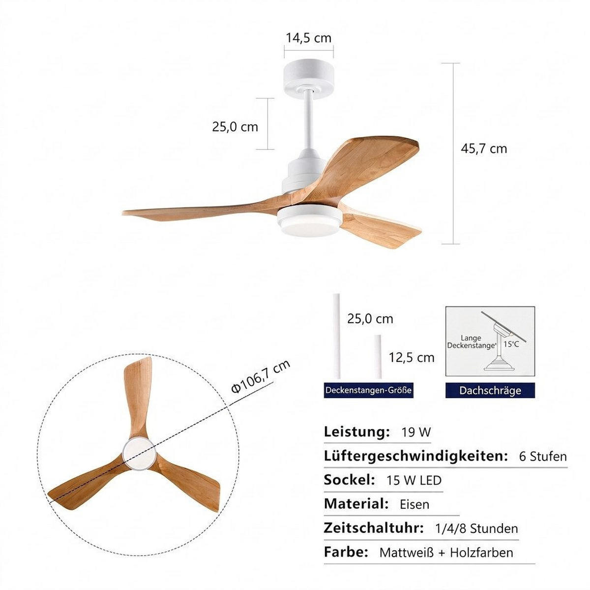 DECKENVENTILATOR & 3 Holzflügeln, 3-Stufen Dimmer, DC-Motor(35dB) - Weiß, Holzwerkstoff (114/114/45.7cm) - BEXEVUE