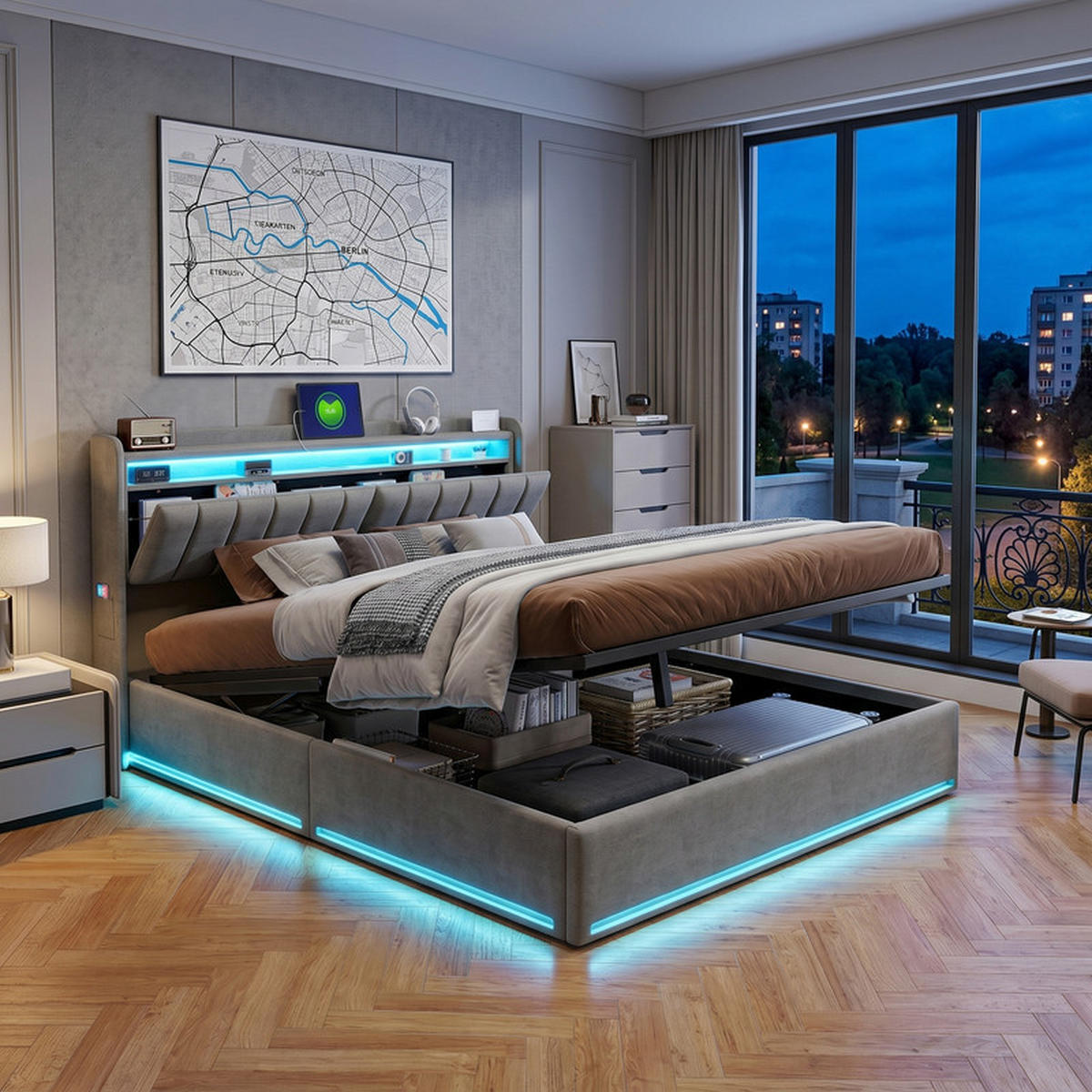 POLSTERBETT 140/200 cm grau mit Stauraum, LED und USB - Grau, Holz - SHOPENTRA