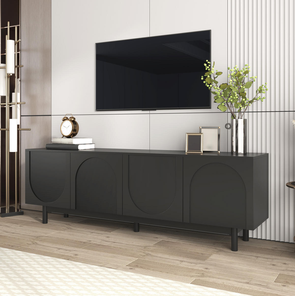 TV-SCHRANK mit 4 Türen 175 x 38 x 56 cm MDF Schwarz - Schwarz, Holzwerkstoff (38/56/175cm) - Beauniv