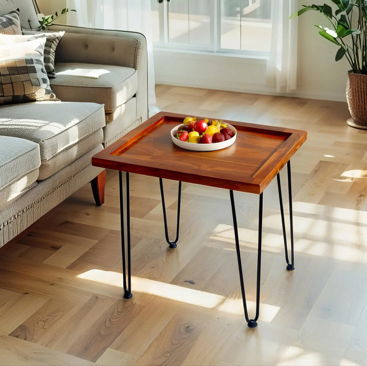 COUCHTISCH 55/45/53 cm mit Massivholzplatte, lackierten Eisenfüßen und rutschfesten Fußpolstern, Naturholz - Naturfarben, Holzwerkstoff (55.5/45/53cm) - Redom