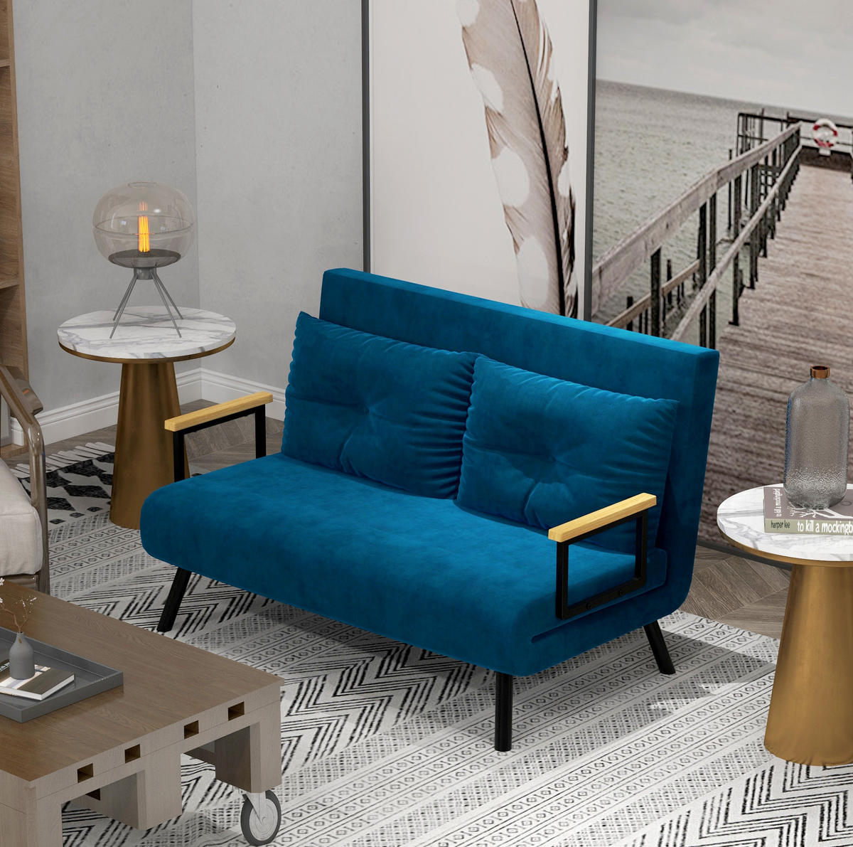 SCHLAFSESSEL mit Bettfunktion 102 x 73 x 81 cm Samt Blue - Blau, Holzwerkstoff (102/81/73cm) - Meubliv