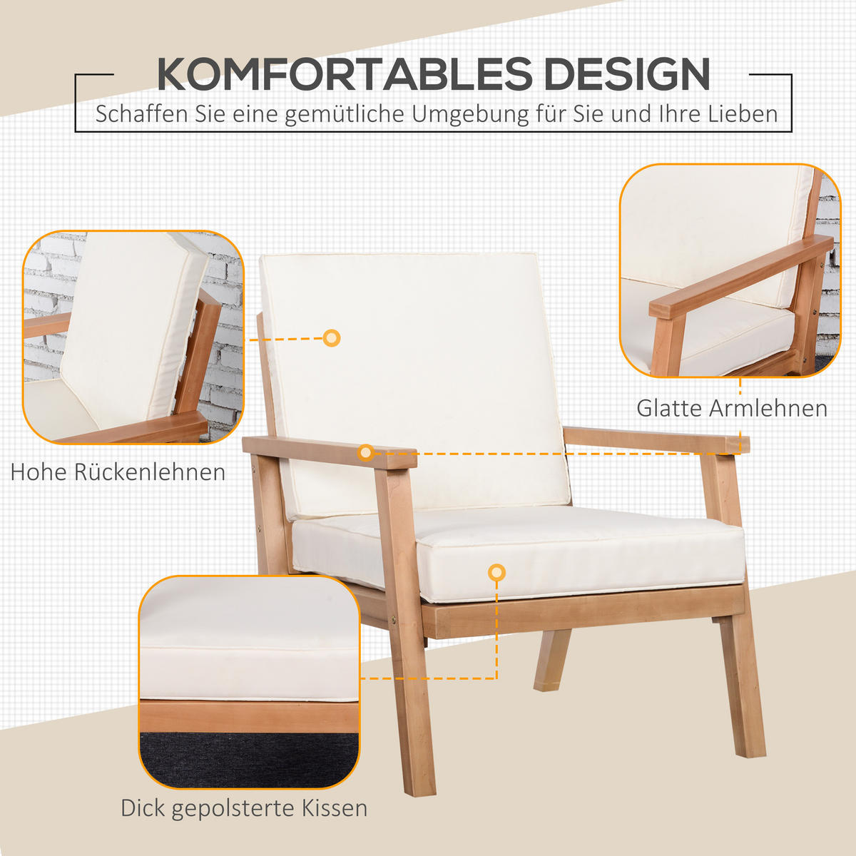 GARTENMÖBEL Set, Pappelholz, Braun+Beige - Beige/Braun, Holz/Kunststoff - Outsunny