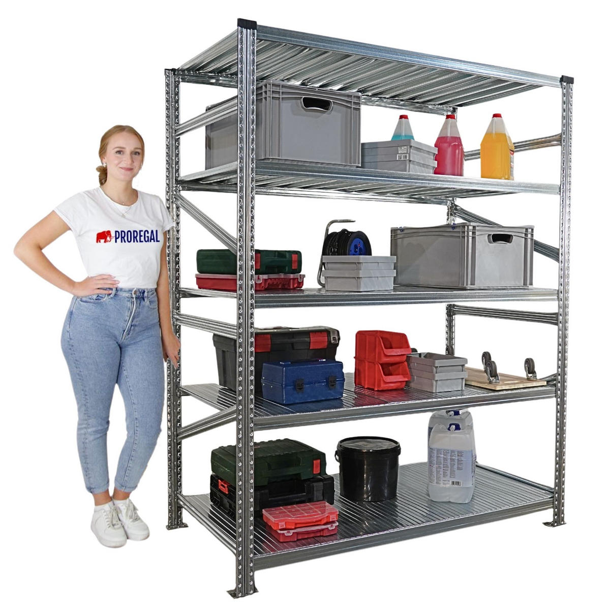 FACHBODENREGAL Proximo Stecksystem 200x150x80cm 5 Ebenen Fachlast 130 kg Beidseitig nutzbar Verzinkt - Silberfarben, Metall (150/200/80cm) - PROREGAL